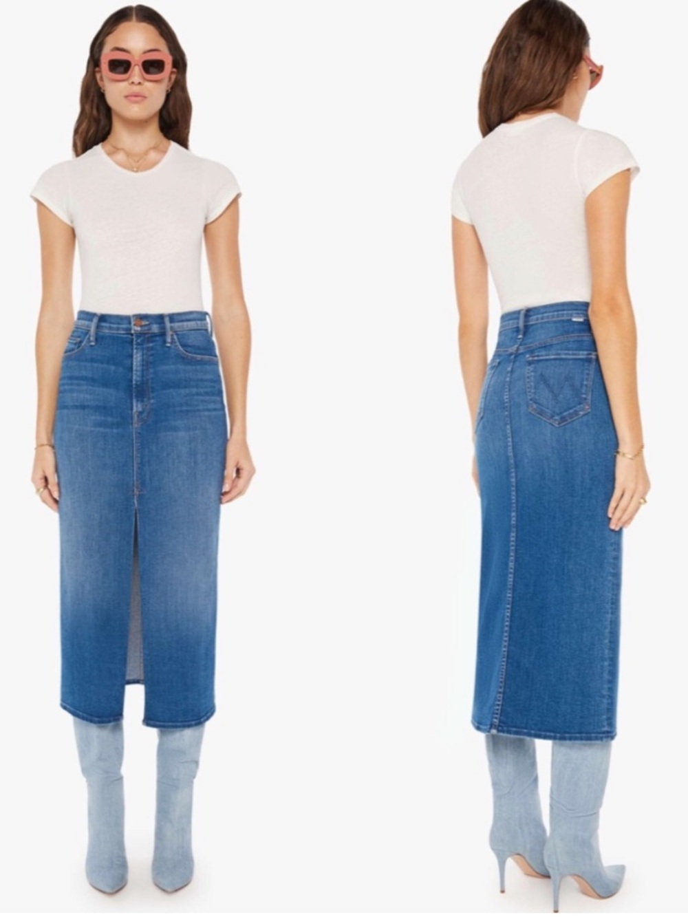 Mother The Reverse Pencil Pusher High Waist Denim Midi Skirt Hue Are You 29